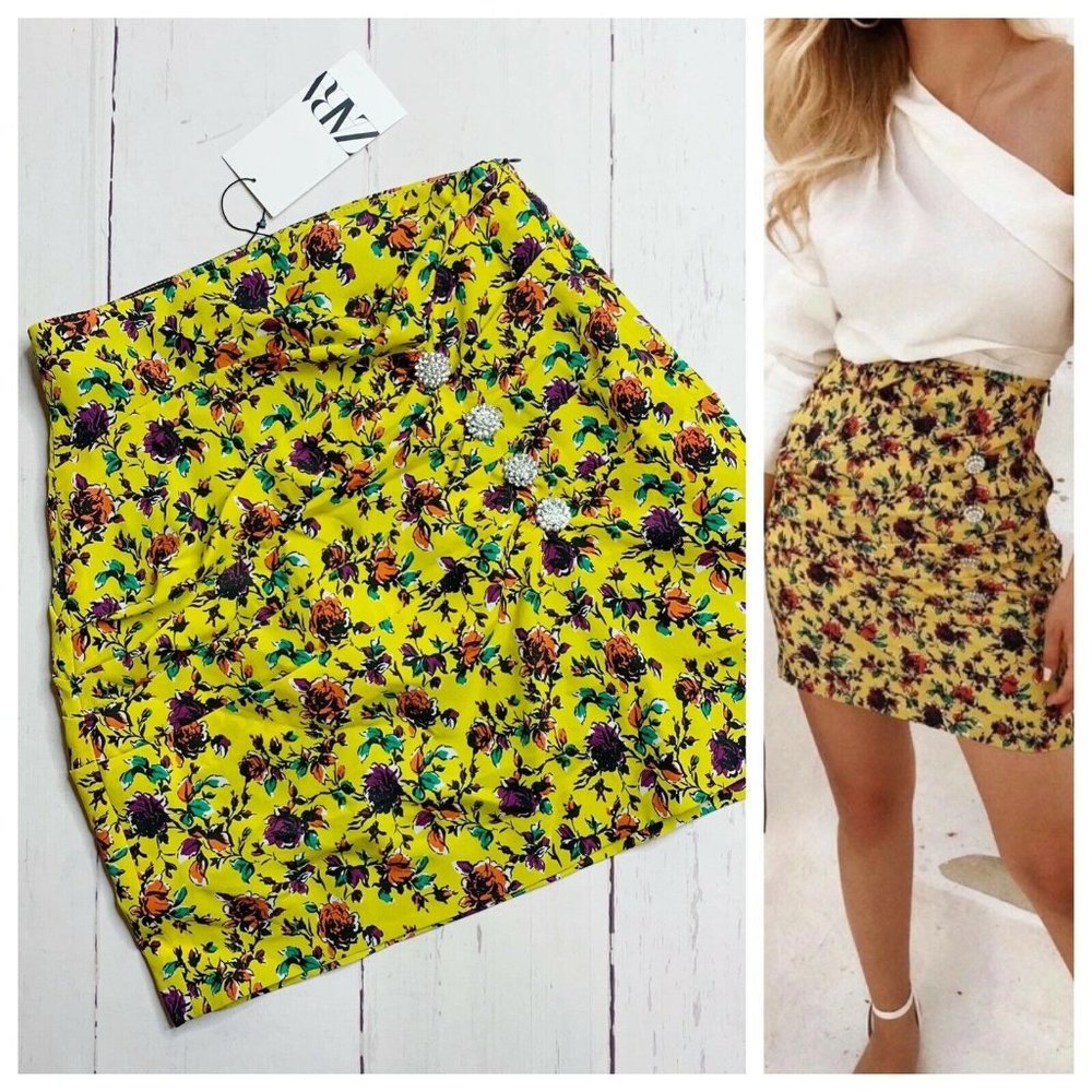 NEW! Zara Yellow Floral Ruched Skirt S